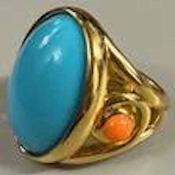 Kenneth Jay Lane, Gold Ring with Turquoise Cabochon Center & Coral Cabochon Dots - Picture 4 of 5